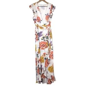 JUNE & HUDSON Flutter Short Sleeve Floral Wrap Maxi Dress V Neck Ruffle Large